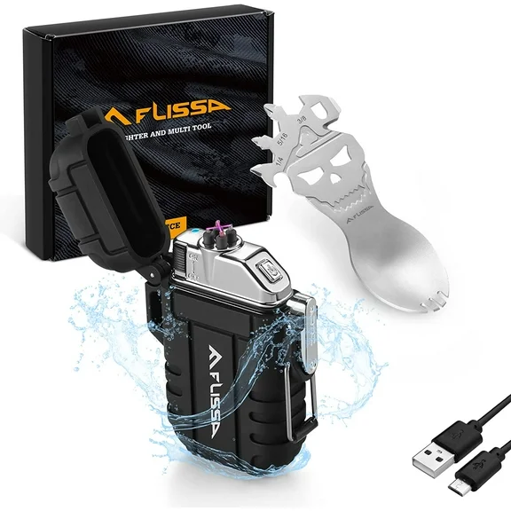 FLISSA Waterproof Lighter, Outdoors Windproof Flameless Dual Arc Lighters with Multifunction Spoon, USB Rechargeable Electric Lighters for Camping, Hiking, Survival 2 Pieces Tool Set