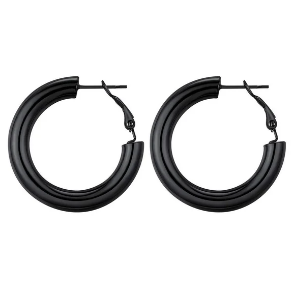 FOCALOOK Chunky Huggie Hoop Earrings for Women Stainless Steel 30mm Round Cirlcle Endless Hoops Black