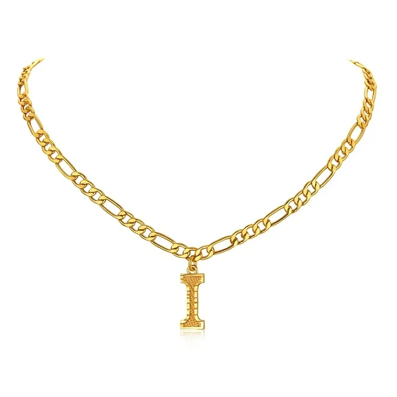 FOCALOOK Initial Necklaces for Women Men Gold Plated Capital Letter I Pendant 18 Inch Figaro Chain Birthday Gift Jewelry