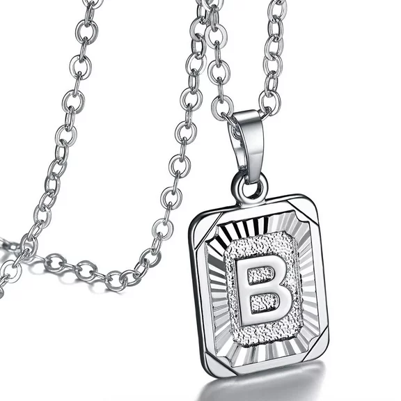 FOCALOOK Initial Pendant Necklace for Women Men Silver Dog Tag Letter B Capital Alphabet Necklace