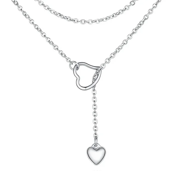 FOCALOOK Lariat Y Necklace Long Heart Necklace for Women Adjustable Silver Jewelry Chain Drop Necklace