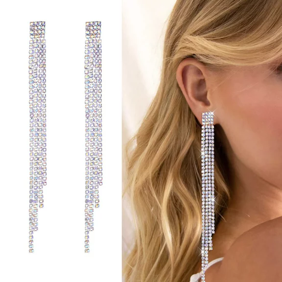 FOCALOOK Long Crystal Tassel Dangle Drop Earrings for Women Iridescent Rhinestone Earrings Sparkly Prom Earrings