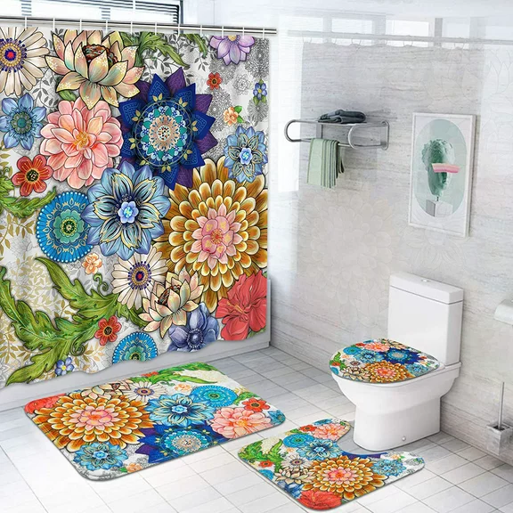 FRAMICS 16 Pc Colorful Boho Flower Shower Curtain and Rug Sets, Bohemian Floral Bathroom Decor Set, Waterproof Polyester Shower Curtain with 12 Hooks and Toilet Rugs