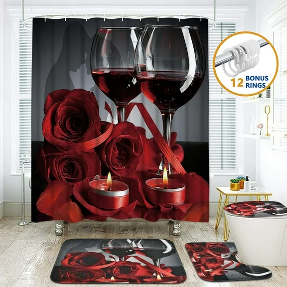 FRAMICS 16 Pc Red Rose Wine Shower Curtain Sets with Rugs, Romantic Floral Bathroom Sets, Waterproof Fabric Shower Curtain with 12 Hooks and Toilet Rugs