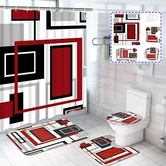 FRAMICS Red Black Geometric Shower Curtain and Rug Sets, 16 Pc Modern Abstract Bathroom Sets, Waterproof Fabric Shower Curtain with 12 Hooks and Toilet Rugs