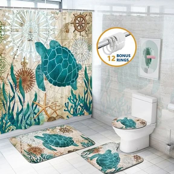 FRAMICS Sea Turtle Shower Curtain and Rug Sets, 16 Pc Blue Nautical Occean Bathroom Sets, Waterproof Fabric Shower Curtain with 12 Hooks and Toilet Rugs