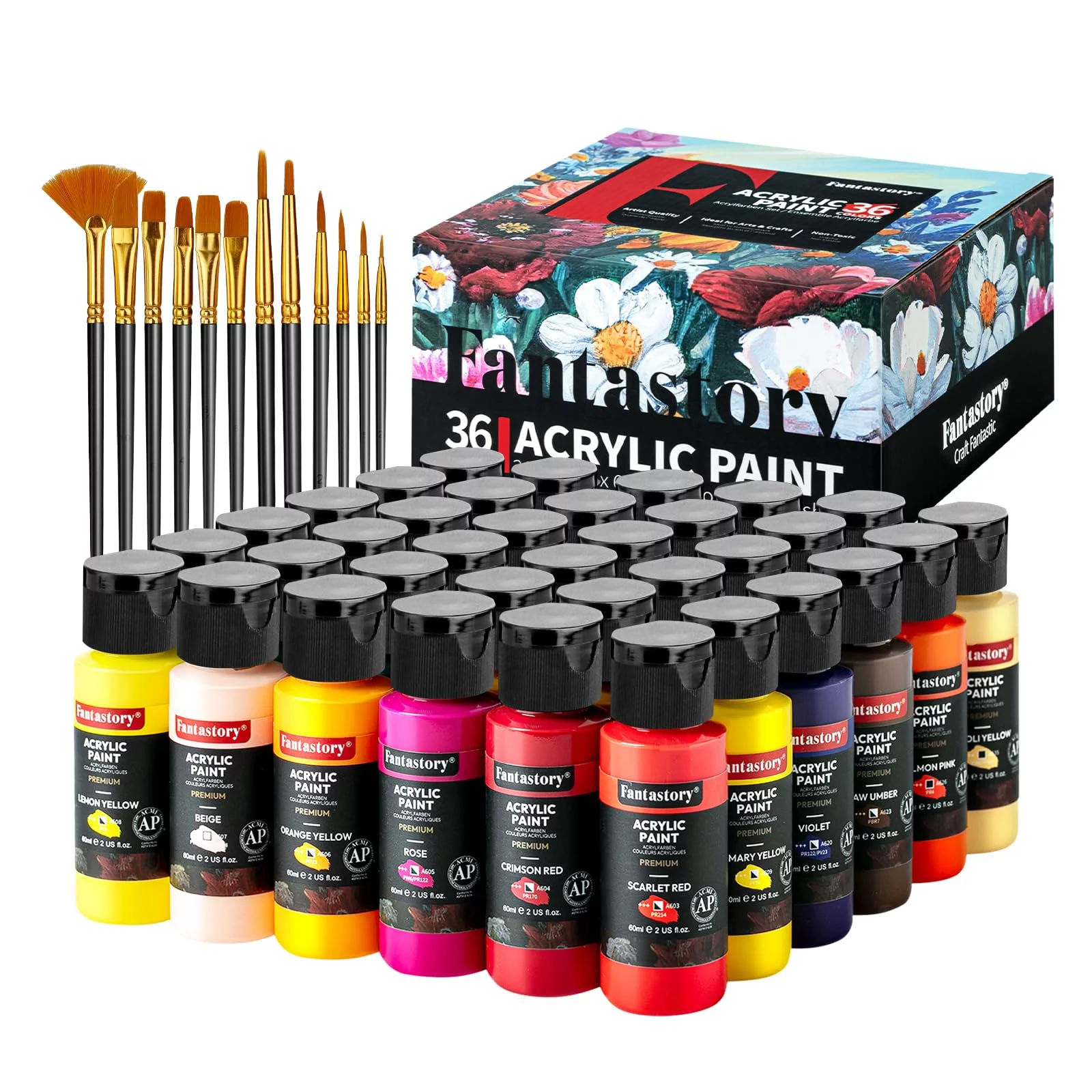 Fantastory Acrylic Paint Set 36 Colors(2oz/60ml) w/ 12 Brushes, Pro Craft Thick Paint Kits