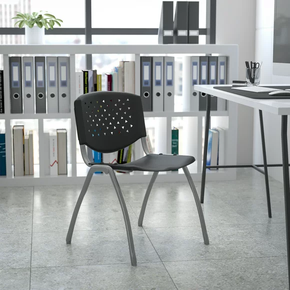 Flash Furniture HERCULES Series 880 lb. Capacity Black Plastic Stack Chair with Titanium Gray Powder Coated Frame