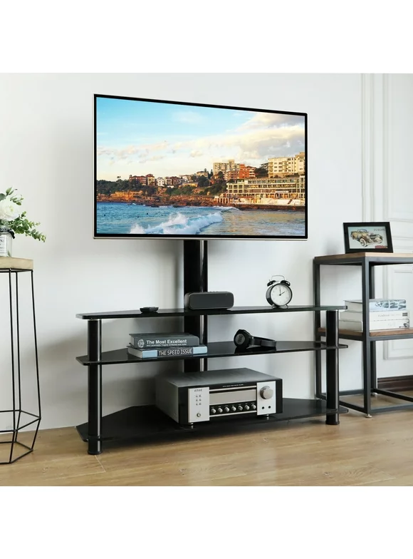 Flat TV Stand for TVs up to 70 inch, Black Glass TV Stand Shelves with Swivel Mount