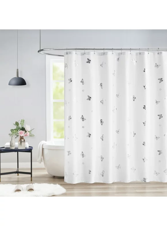 Flowpartex White Silver Butterfly Metallic Print Shower Curtain for Bathroom Farmhouse Waterproof Decorative Rustic Kids Bathroom Curtains , 70x72" Inches,