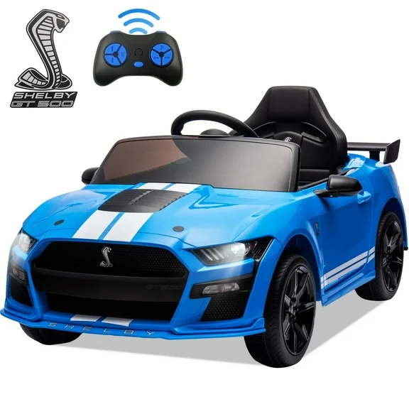Ford Mustang Shelby 12 V Ride On Car with Remote Control, Electric Car for Kids Toddler Electric Vehicle with Bluetooth, Radio, Music, USB Port, LED Lights, Battery Powered Ride on Toys for Kids, Blue