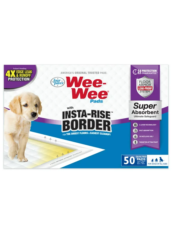 Four Paws Wee-Wee Insta-Rise Border Potty Training Dog & Puppy Pads, Pet Pee Pads, 50ct