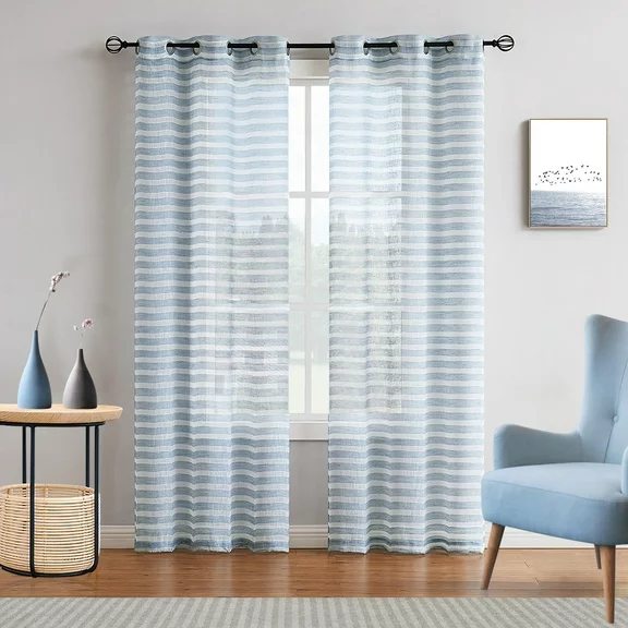 Fragrantex Blue Sheer Stripe Curtains 84 inch Length for Living Room Linen Horizontal Stripe White and Blue Curtain Voile Grommet Top 40"Wx84"L,2 Panels
