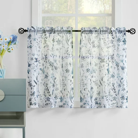 Fragrantex Blue and Grey Floral Small Window Curtains for Bathroom/Kitchen/Cafe Curtains 24"L,2 Panels Rod Pocket