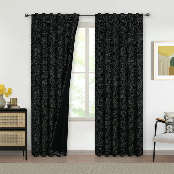 Fragrantex Thermal Insulated Blackout Floral Curtains 95 inch length 2 panels set for Bedroom, Black Flower Patterned Window Drapes Back Tab, 52" x 95"