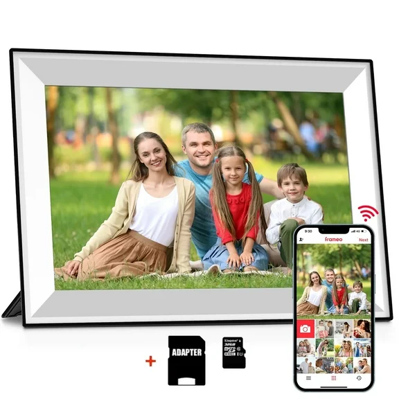 Frameo 10.1" Digital Picture Frame WiFi 1280*800 IPS HD Touch Screen with 32GB Storage and 32G SD Card Easy Setup to Share Photos or Videos via APP Web Gift for Christmas, White&Black