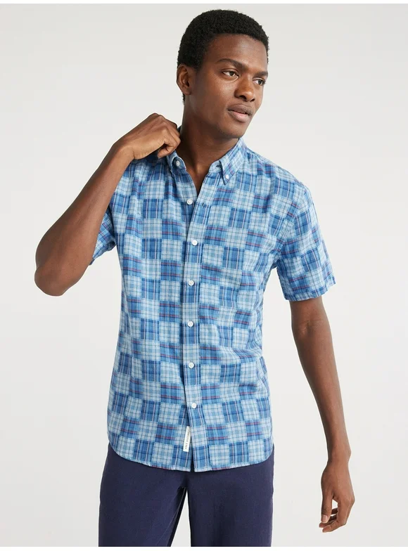 Free Assembly Men's Cotton Patchwork Shirt with Short Sleeves, Sizes S-XXXL