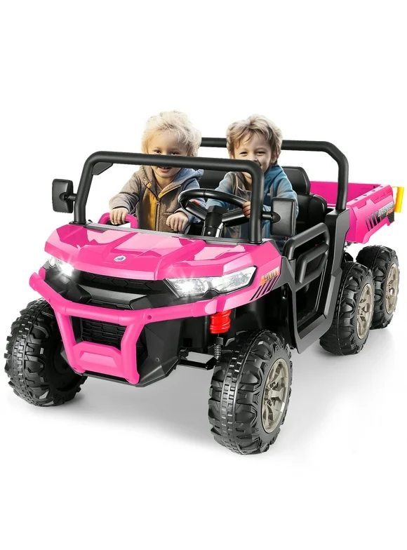 Funcid 24 Volt 4WD Kids Ride on Dump Truck with Remote Control, 2 Seater Electric Powered 6-Wheel UTV Toys, Ride on Tractor Car w/ Tipping Bucket Trailer, Shovel, Suspension, Bluetooth Music, Pink