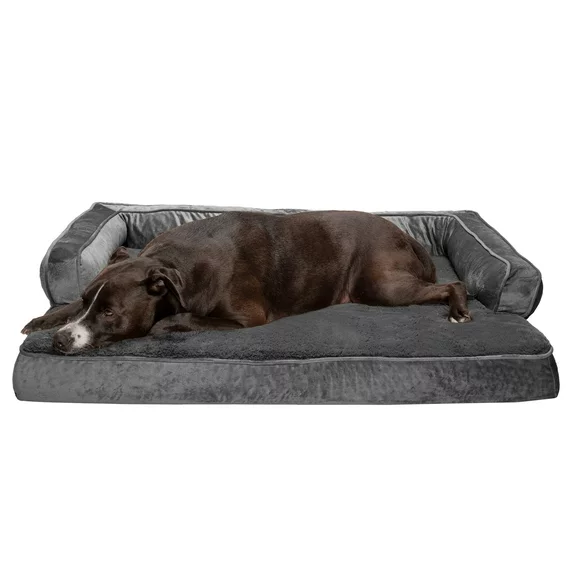 FurHaven Pet Products | Cooling Gel Memory Foam Orthopedic Plush & Velvet Comfy Couch Sofa-Style Pet Bed for Dogs & Cats, Dark Gray, Jumbo