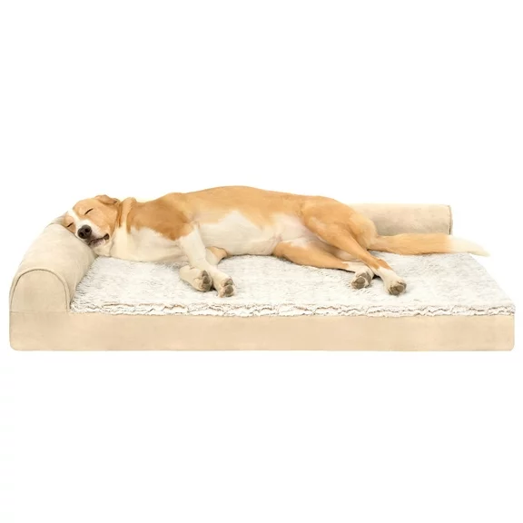 FurHaven Pet Products Embossed Faux Fur & Suede Orthopedic Deluxe L-Chaise Pet Bed for Dogs & Cats - Taupe, Jumbo Plus