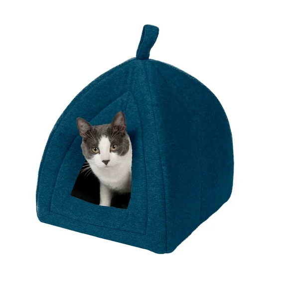 FurHaven Pet Products Fleece Tent Hooded Pet Bed for Cats & Small Dogs - Lagoon Blue