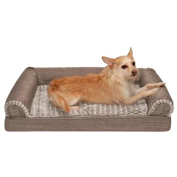 FurHaven Pet Products Luxe Fur & Performance Linen Orthopedic Sofa Pet Bed for Dogs & Cats - Woodsmoke, Medium