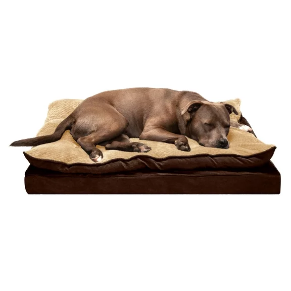 FurHaven Pet Products Minky Faux Fur & Suede Pillow-Top Orthopedic Pet Bed for Dogs & Cats - French Roast, Large