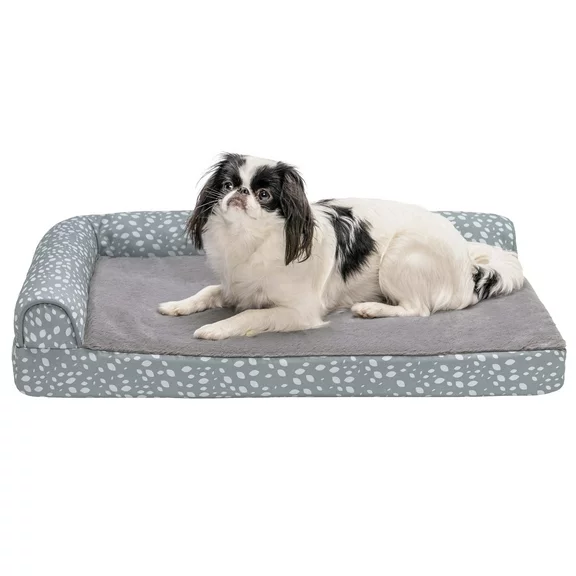 FurHaven Pet Products Plush Faux Fur & Almond Print Orthopedic Deluxe L-Chaise Sofa Pet Bed for Dogs & Cats - Gray Almonds, Medium