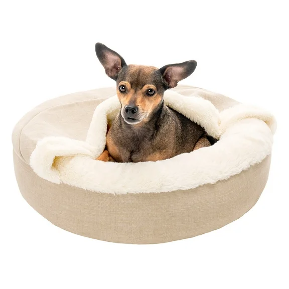FurHaven Pet Products Plush & Performance Linen Hooded Donut Pet Bed for Dogs & Cats - Flax, Xsmall - 20"