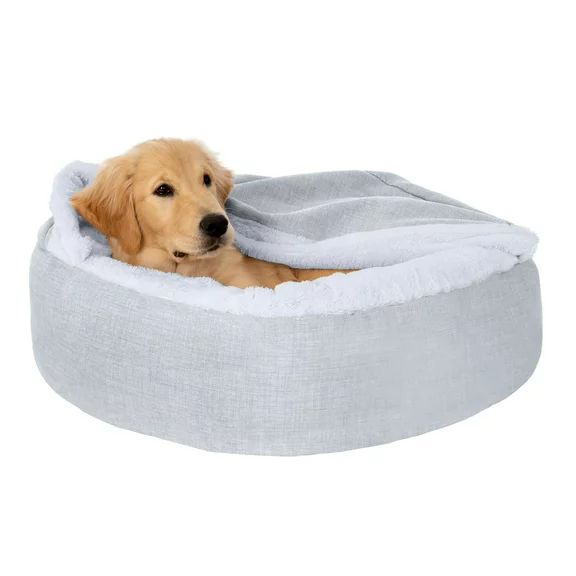 FurHaven Pet Products Plush & Performance Linen Hooded Donut Pet Bed for Dogs & Cats - Mist Gray, Medium - 27"