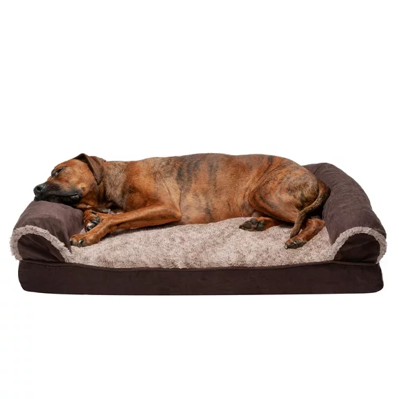 FurHaven Pet Products Two-Tone Faux Fur & Suede Cooling Gel Memory Foam Sofa-Style Pet Bed for Dogs & Cats - Espresso, Large