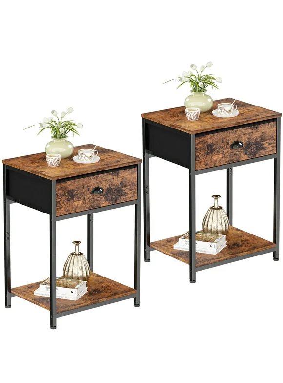 Furologee Nightstands Set of 2, Industrial End Table with Fabric Drawer & Storage Shelf, Retro Bedside Tables Organizer, Sturdy Side Table for Living Room, Bedroom