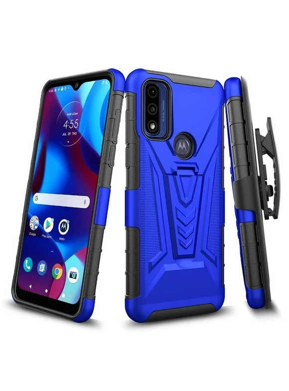 GW USA Case for Motorola Moto G Play 2023/Moto G Pure/Moto G Power 2022 Case with Tempered Glass Screen Protector Hybrid Cover with Kickstand Phone Belt Clip Holster - Blue