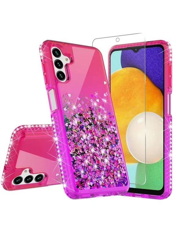 GW USA for Samsung Galaxy A15 5G Liquid Glitter Phone Case Cover with Tempered Glass Screen Protector Rugged Protection - Hot Pink/Purple