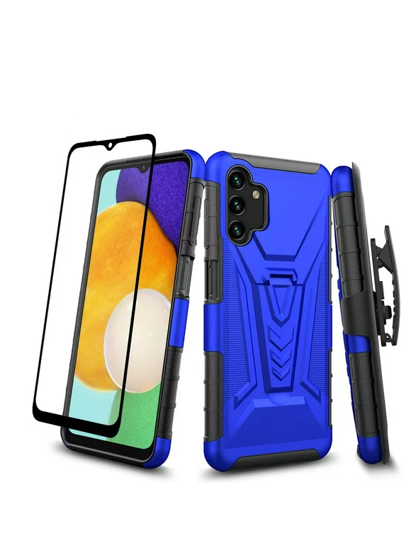 Galaxy Wireless Case for Samsung Galaxy A14 5G Case with Tempered Glass Screen Protector Hybrid Cover with Kickstand Phone Belt Clip Holster - Blue