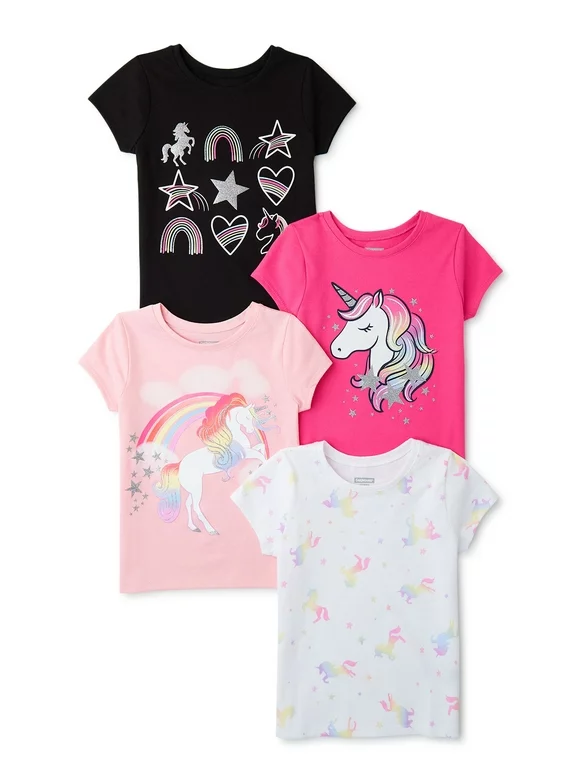 Garanimals Baby and Toddler Girls Short Sleeve Graphic Print T-Shirts, 4-Pack, Sizes 12M-5T