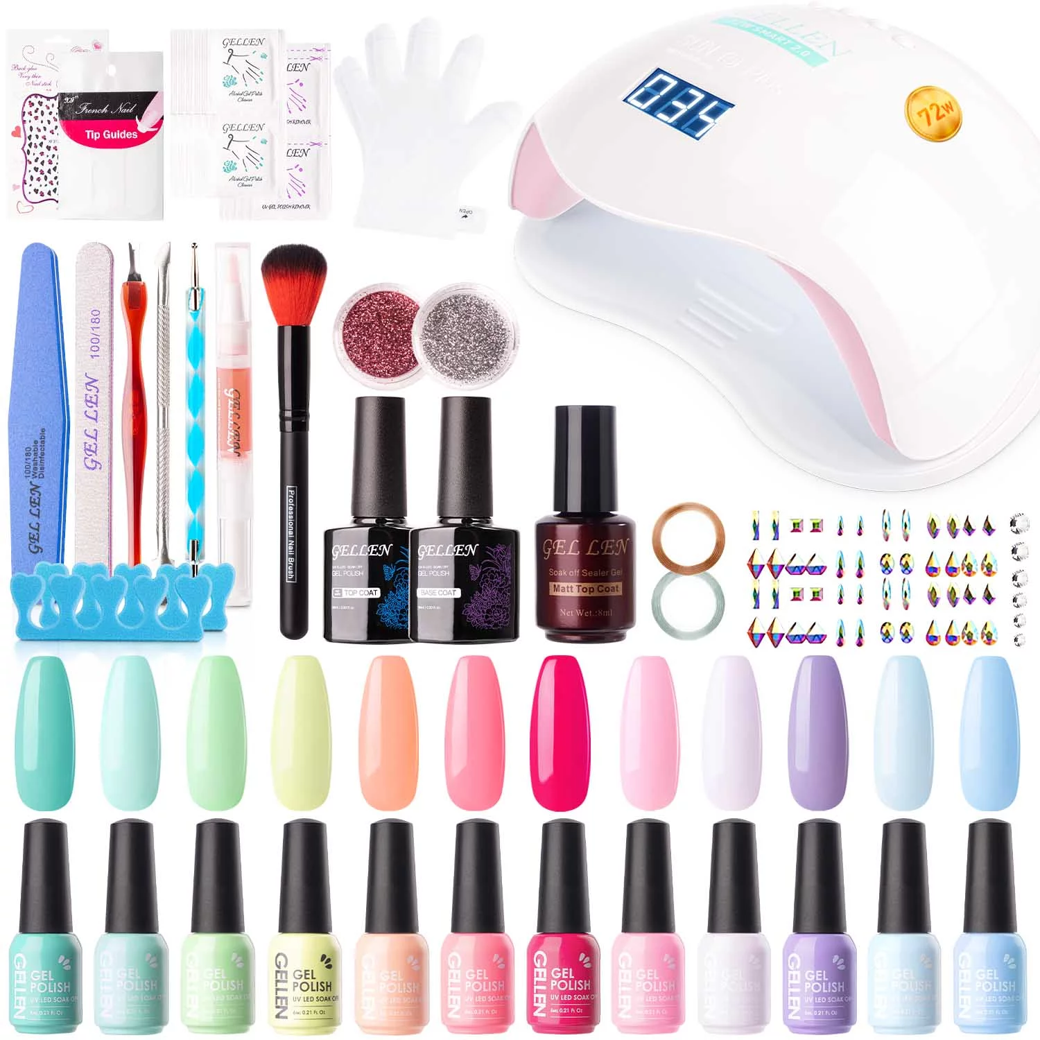 Gellen 12 Colors Colorful Rainbow Gel Nail Polish Starter Manicure Sets - with 72W UV/LED Nail Lamp
