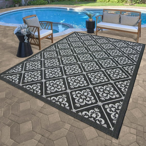 Gertmenian Paseo Bran Transitional Damask Black and White Outdoor Area Rug, 5x7