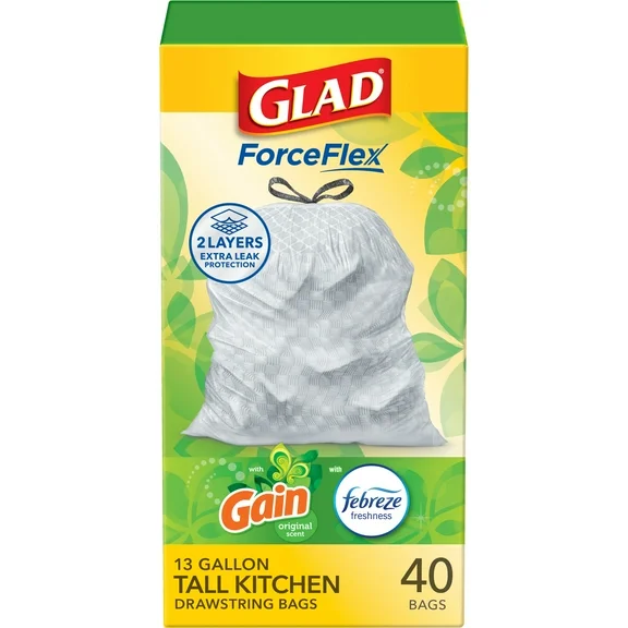 Glad ForceFlex Tall Kitchen Drawstring Trash Bags, 13 Gallon, Gain Original with Febreze Freshness, 40 Count, Pack of 6