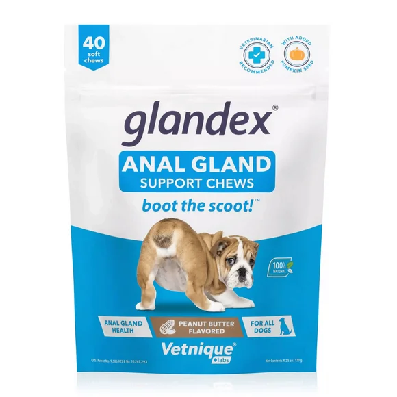 Glandex for Dogs Anal Gland Support, Digestive Health & Fiber Supplement 40 Peanut Butter Chews
