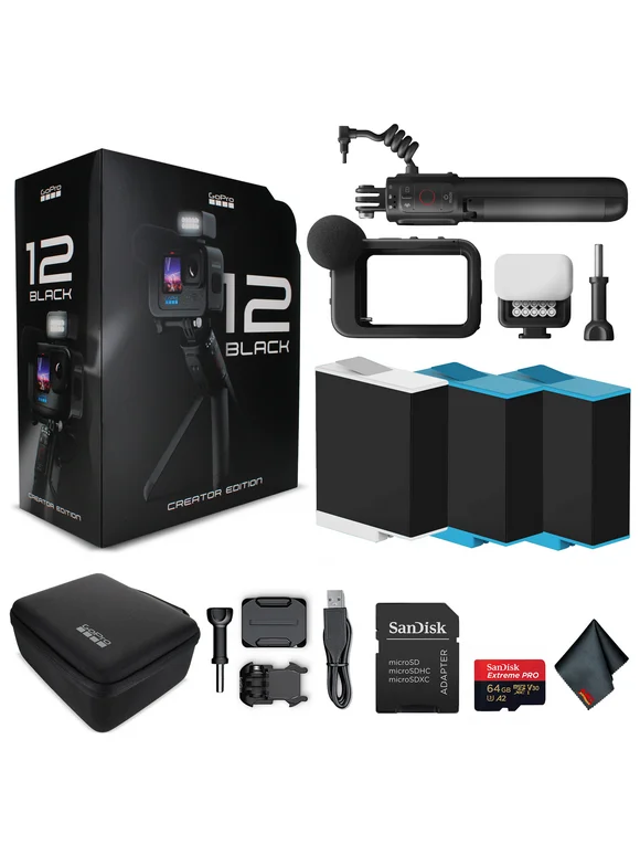 GoPro HERO 12 Creator Edition - With Volta (Battery Grip, Tripod, Remote), Media Mod, Light Mod, Enduro Battery - Waterproof Action Camera + 64GB Extreme Pro Card and 2 Extra Batteries