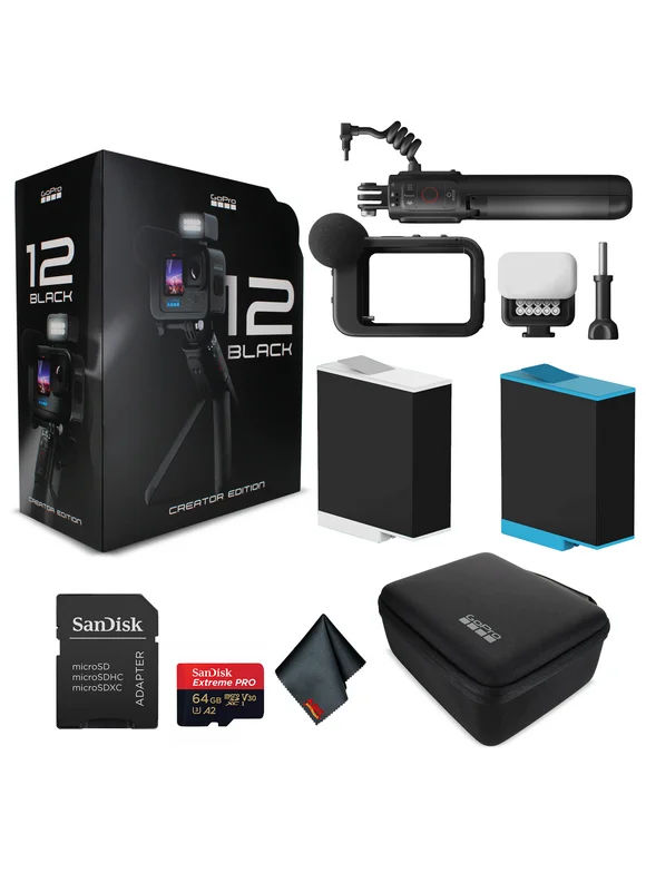GoPro HERO 12 Creator Edition - With Volta (Battery Grip, Tripod, Remote), Media Mod, Light Mod, Enduro Battery - Waterproof Action Camera + 64GB Extreme Pro Card and Extra Battery