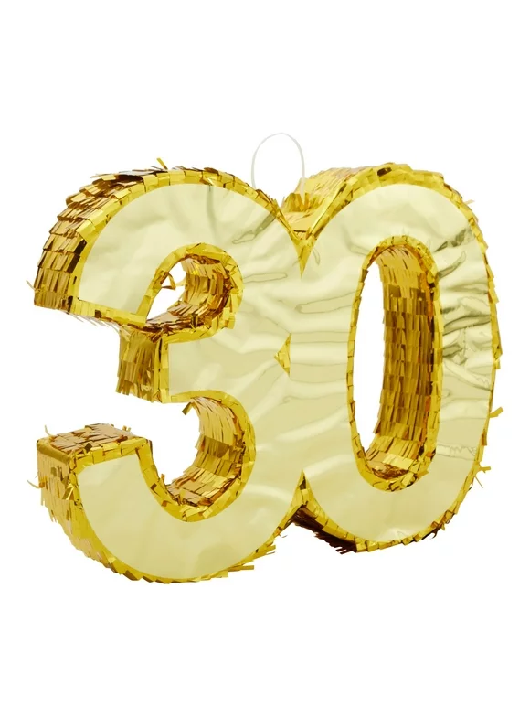 Gold Foil Number 30 Pinata for 30th Birthday Party Decorations, Anniversary Celebrations (Small, 16.5 x 13 x 3 In)