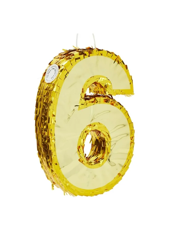 Gold Foil Number 6 Pinata for 6th Birthday Party Decorations, Centerpieces, Anniversary Celebrations (Small, 15.5 x 10.5 x 3 in)