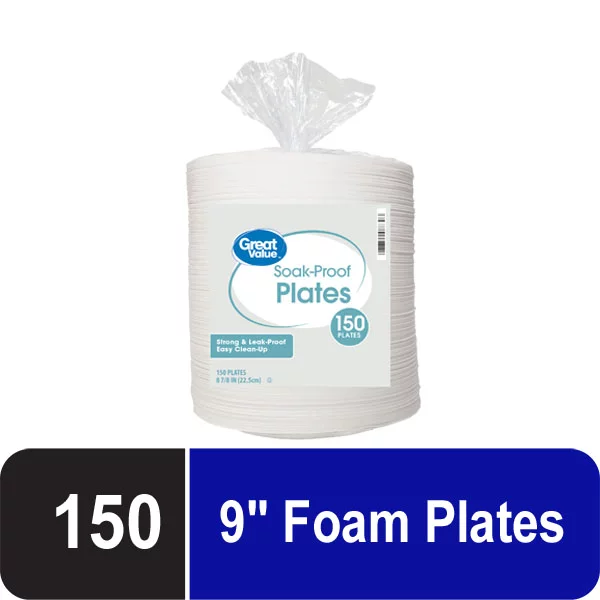Great Value Everyday Disposable Foam Plates, 9 in, 150 CT