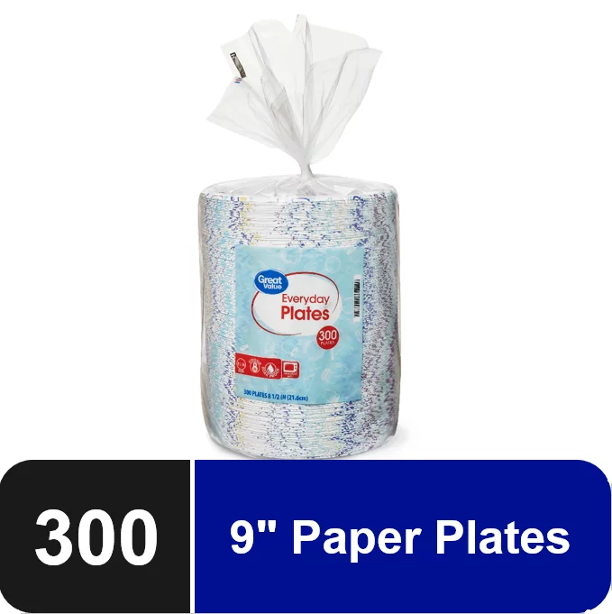 Great Value Everyday Strong, Soak Proof, Microwave Safe, Disposable Paper Plates, 8.5 in, Patterned, 300 Count