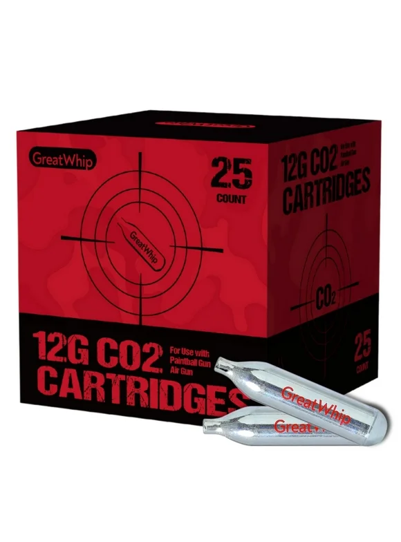 GreatWhip CO2 12g Cartridges for Airsoft Guns, BB Guns and Paintball Guns (Pack of 25)