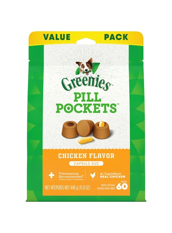 Greenies Pill Pockets Natural Dog Treats Chicken Flavor, 15.8 oz Pack (60 Treats), Shelf-Stable
