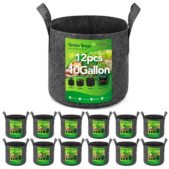 HOUSE DAY 10 Gallon Grow Bags,Non-Woven Fabric Pots,Vegetable Planter Container,12 Pack, Grey
