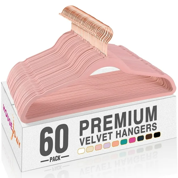 HOUSE DAY Pink Velvet Hangers 60 Pack, Premium Non-Slip Felt Clothes, Sturdy Heavy Duty Coat, Durable Hangers for Suits, Space Saving with No Hanger Mark, 360 Swivel Rotating Rose Gold Hook